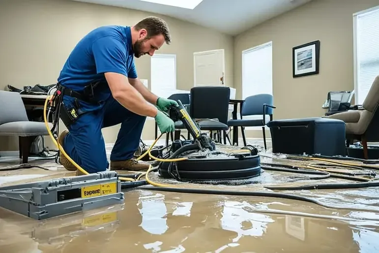 Crew extracting flash flood water from a flooded living room